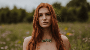 Website Header, Lucy Sylvester, Dragonfly necklace on model