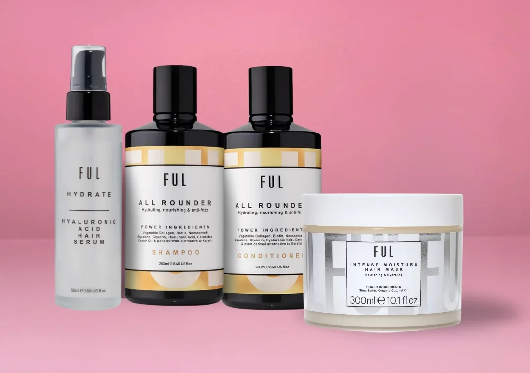 FUL London haircare products, including shampoo, conditioner and hair mask