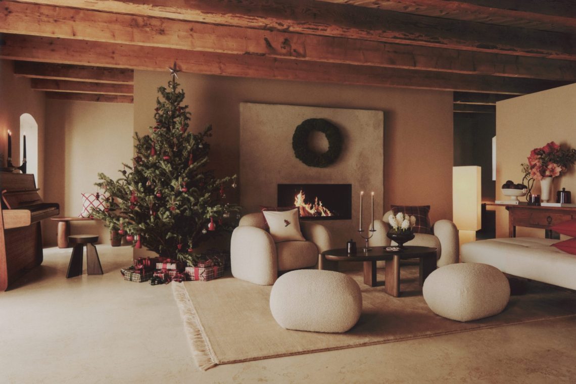 H&M HOME Holiday 2026 living room with faux fur throws, candlelight and a decorated Christmas tree. Adjust this to match the photo you choose.