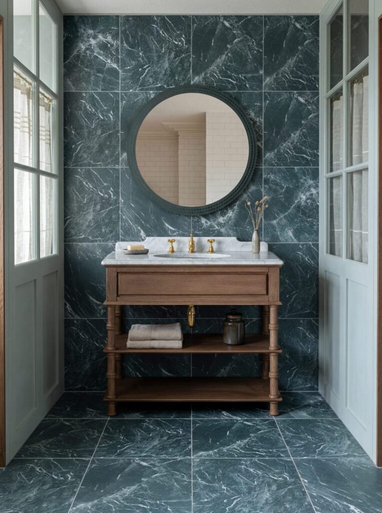 Ca’ Pietra Echelon Verdi deep green marble-effect porcelain tiles