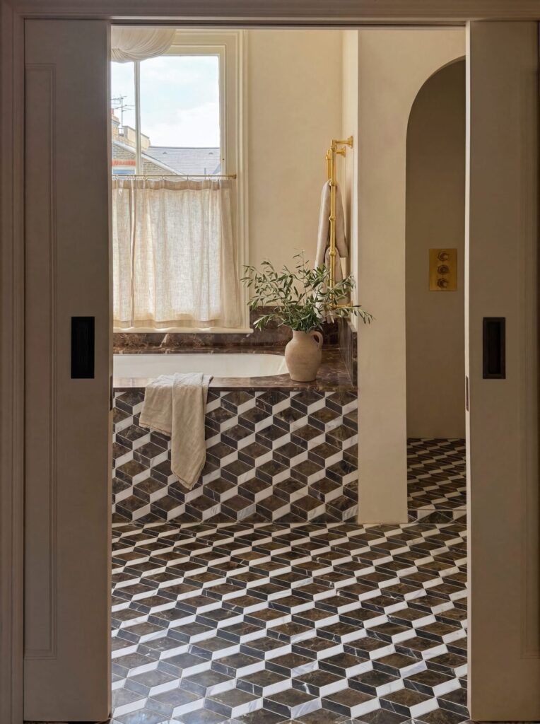 Ca’ Pietra Echelon cube mosaic in chocolate brown Emperador