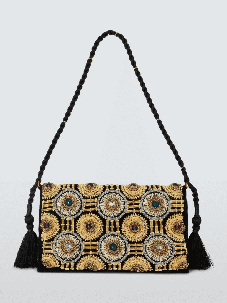John Lewis x RIXO Kova beaded shoulder bag in gold and black