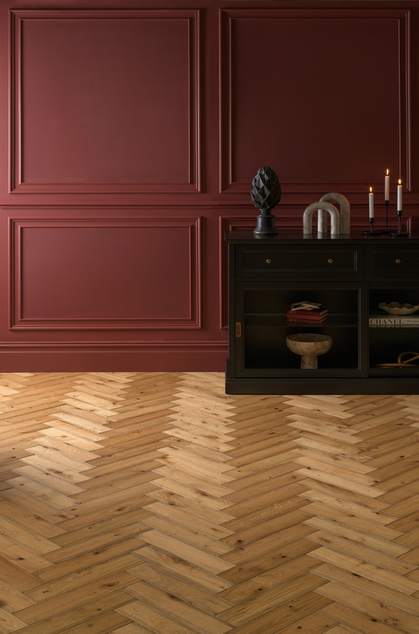 Berkeley Cottage Oak smoked herringbone flooring with rustic, timeworn character